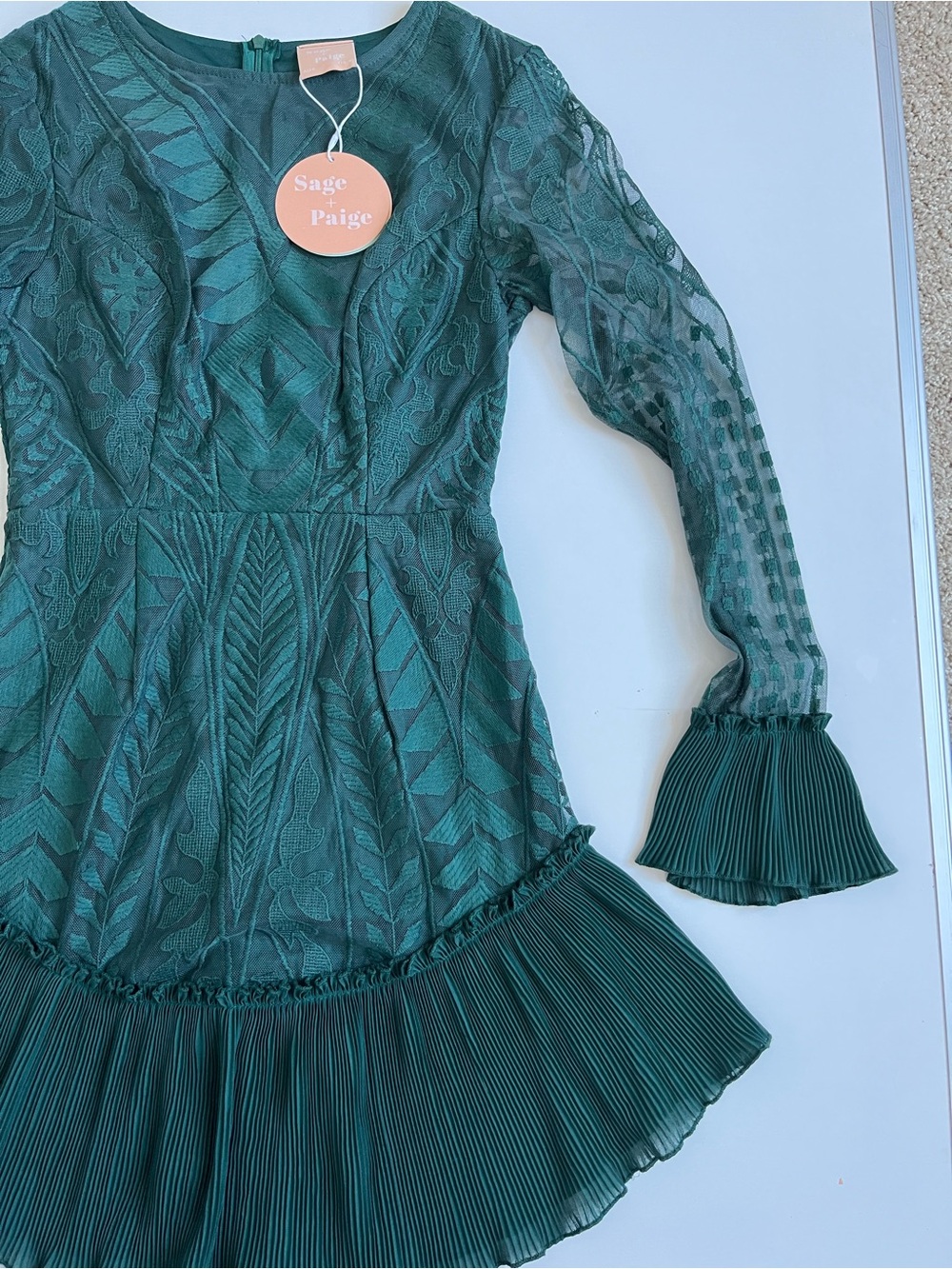 NWT Sage + Paije Forest Green Lace Long Sleeve mini Dress - Picture 5 of 11